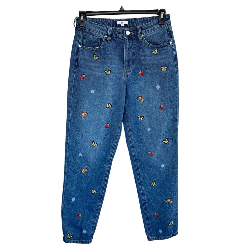 B.P. SZ 29 Mom Jeans Embroidered Zip-Fly High-Rise Medium Wash Rigid Denim Blue